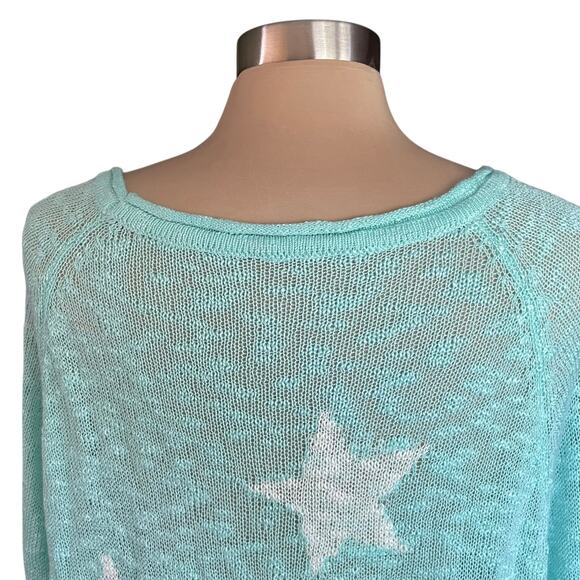 Aqua White Star Loose Weave Slouchy Sweater LARGE Beachy Whimsical Layering - Picture 7 of 10